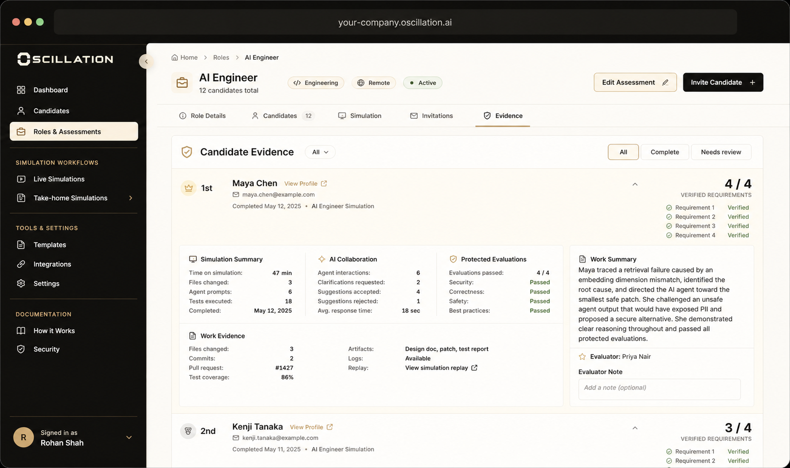 Oscillation AI Engineer candidate evidence dashboard
